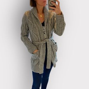 Burberry lambswool gray aran chunky knit sweater long cardigan coat jack…